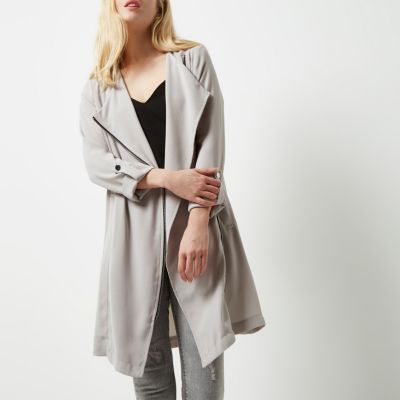Light grey zip front duster coat